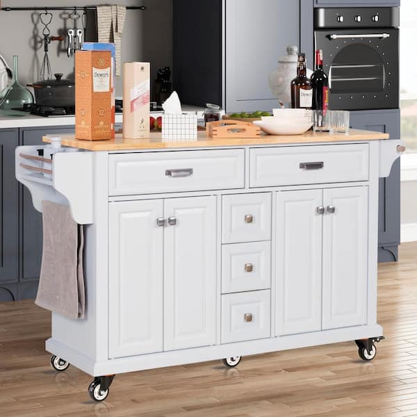 Unbranded MDF Kitchen Cart in White with 4-Door Cabinet, Spice Rack and Towel Rack