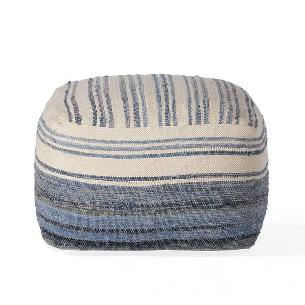 Noble House Chrissa Blue and White Square Pouf
