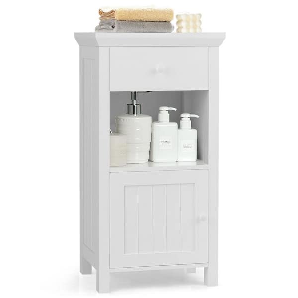 ANGELES HOME 16 in. W x 12 in. D x 30.5 in. H White Bathroom Floor Storage Linen Cabinet with Door and Drawer