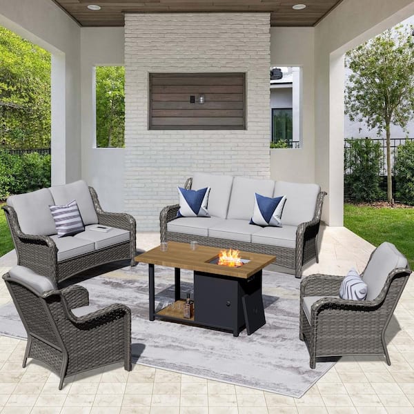 OVIOS Joyo Ung Gray 5-Piece Wicker Outdoor Patio Fire Pit Table Conversation Seating Set with Gray Cushions
