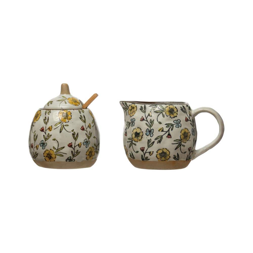 Hand-Painted Floral Stoneware Sugar and Creamer Set with Spoon