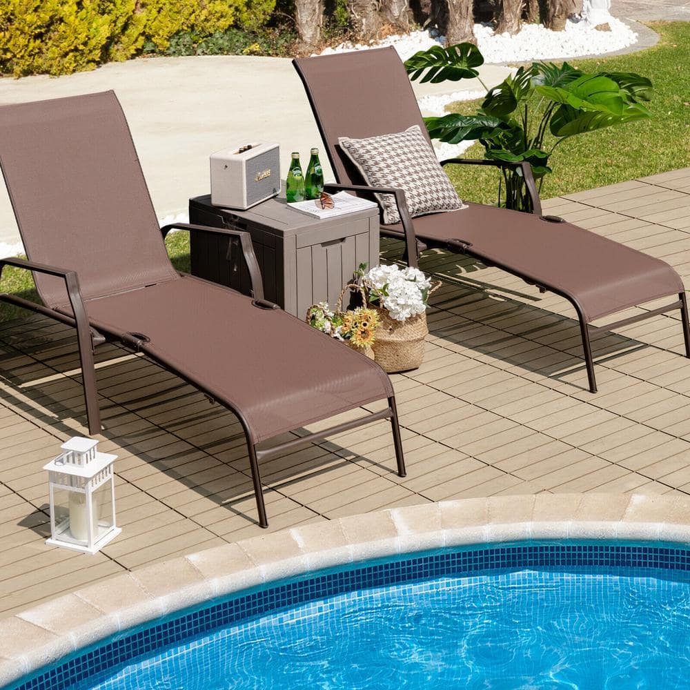 Brown Steel Adjustable Outdoor Chaise Lounge Set with Arms
