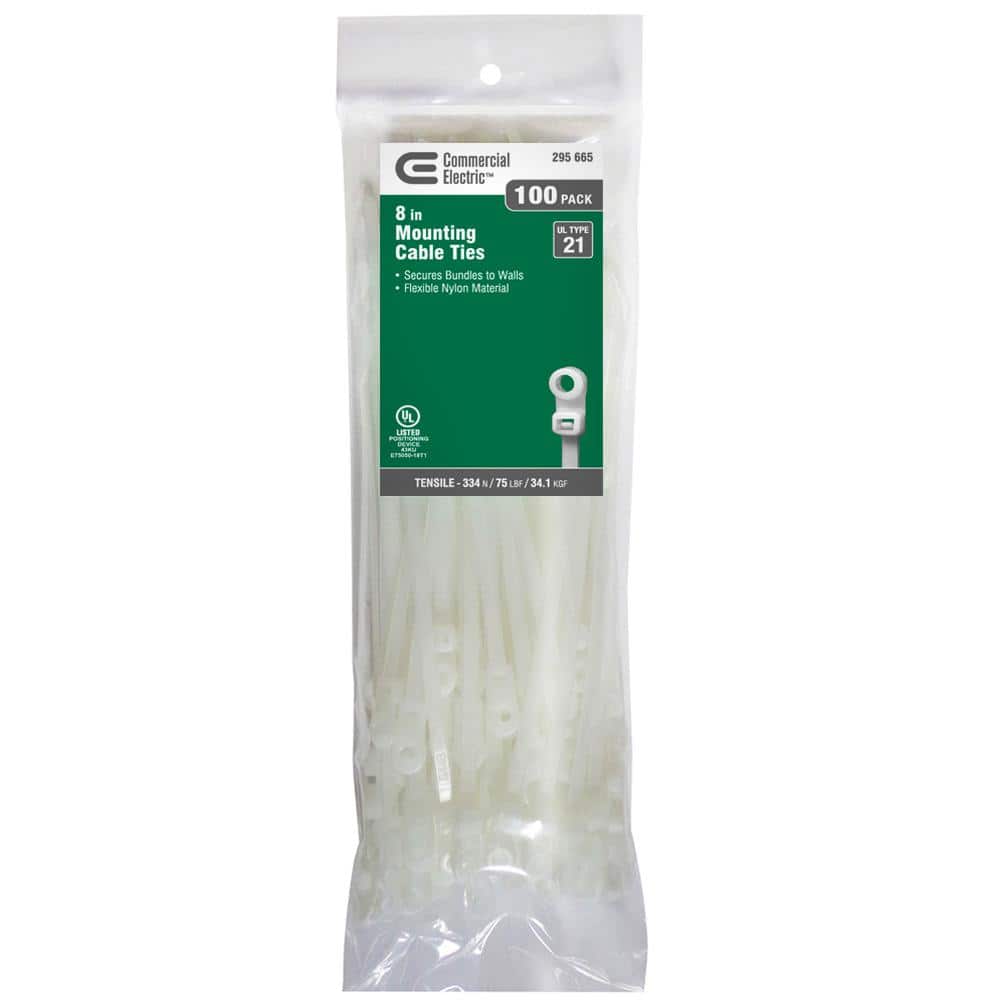 8in Mountable 75lb Tensile Strength UL 21 Rated Cable Zip Ties 100 Pack Nat