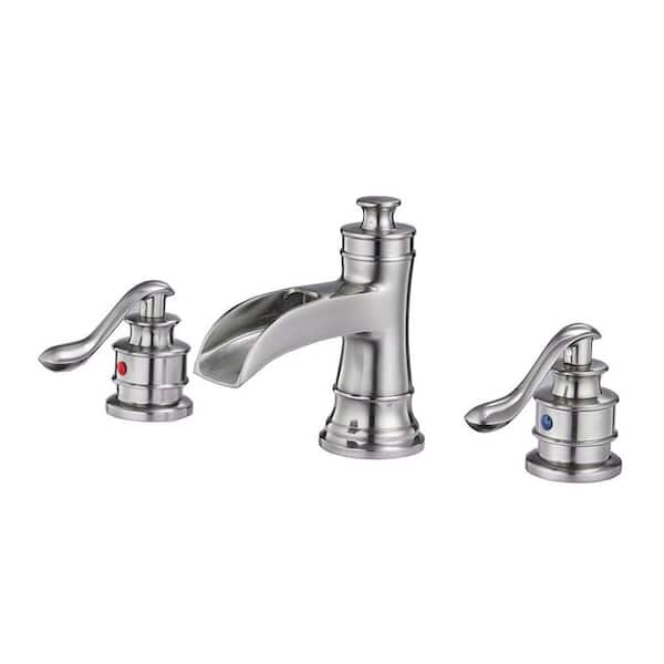 Fapully 8 in. Widespread 2-Handle Mid-Arc Waterfall Bathroom Faucet with Valve and Supply Lines in Brushed Nickel