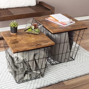 15.75 In. Brown Square Wood Top Wire Basket Nesting End Table with Storage Set of 2