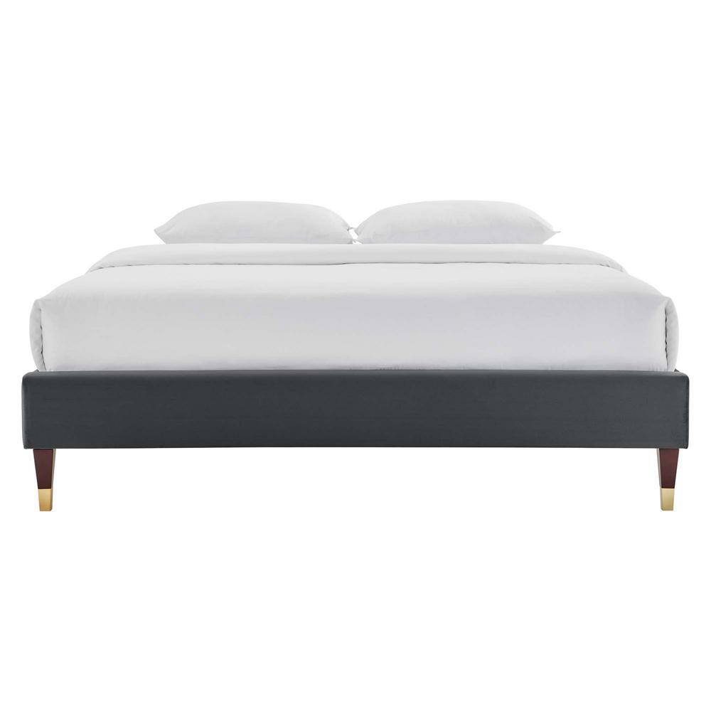 Glam Deco Charcoal Velvet Queen Platform Bed with Gold Accents