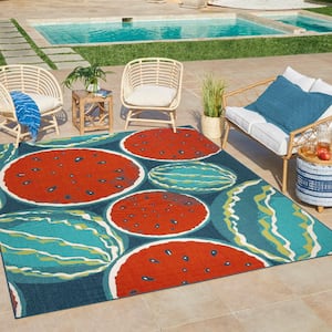 Jona Red 5 ft. x 7 ft. Watermelons Floral Indoor/Outdoor Area Rug