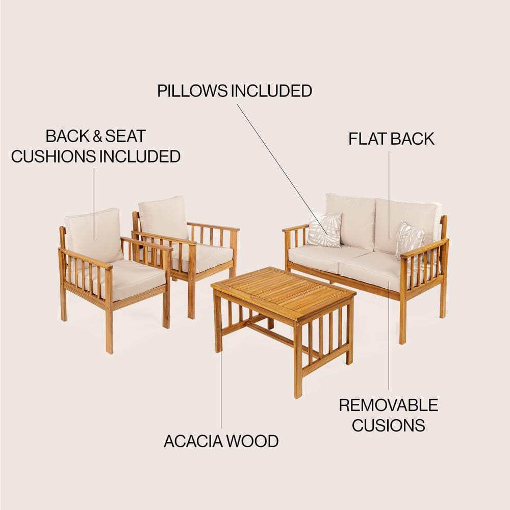 Everly 4-Piece Beige Acacia Wood Outdoor Patio Set