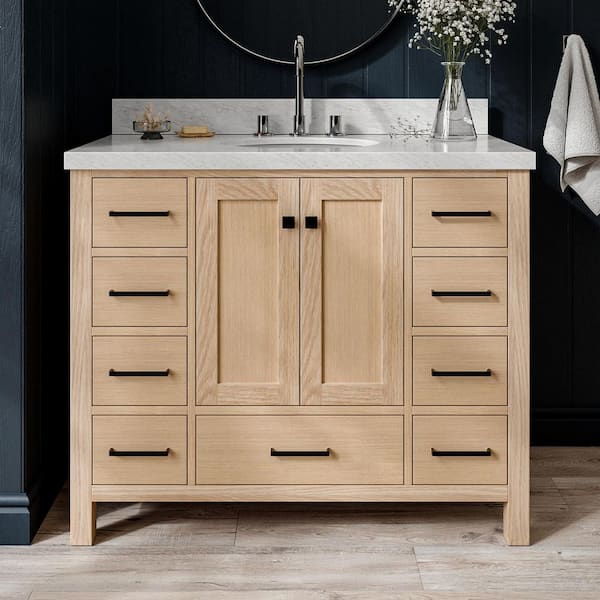Cambridge 42 in. W x 22 in. D x 36 in. H Single Freestanding Bath Vanity in Oak with Italian Carrara Marble Top