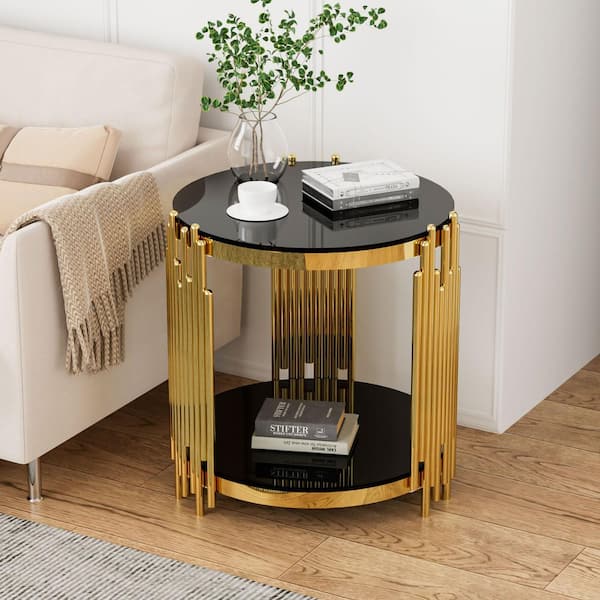 20 in. Black Round Glass Coffee Table with Tempered Glass&Gold Legs, 2-Tier Stainless Steel Center Table for Living Room