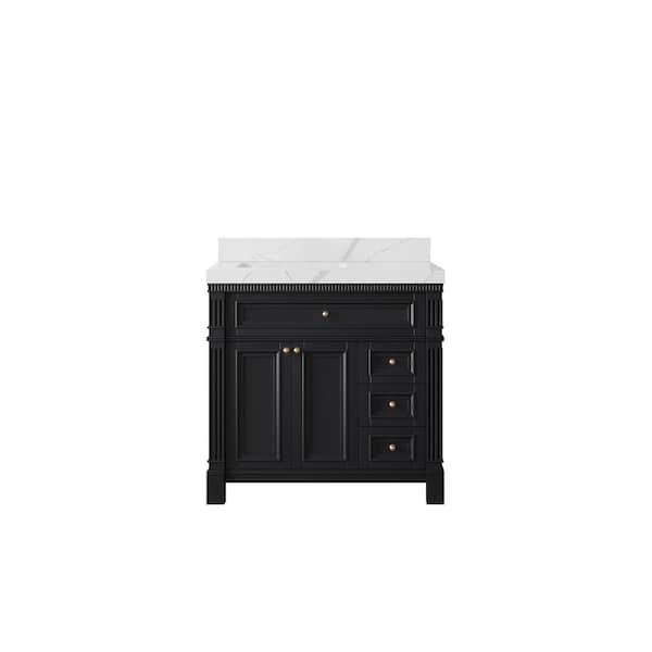 Willow Collections Paris 36 in. W x 22 in. D x 36 in. H Left Offset Sink Bath Vanity in Black with 2 in. Calacatta Laza qt. Top