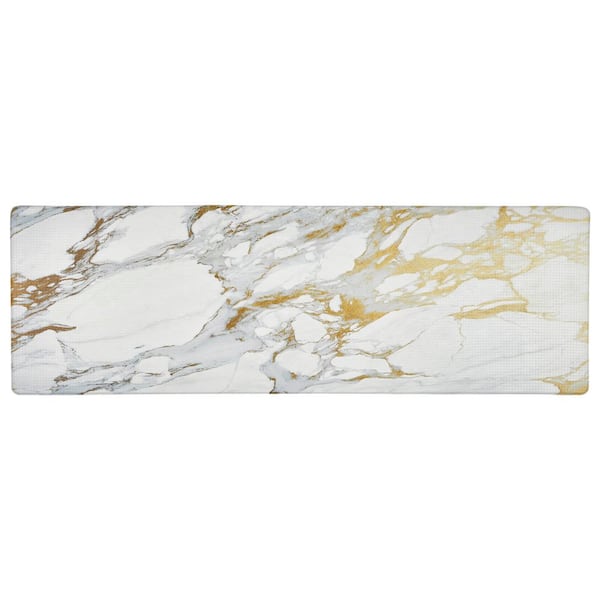 Cozy Living Marble Gold White 17.5 in. x 55 in. Runner Kitchen Mat