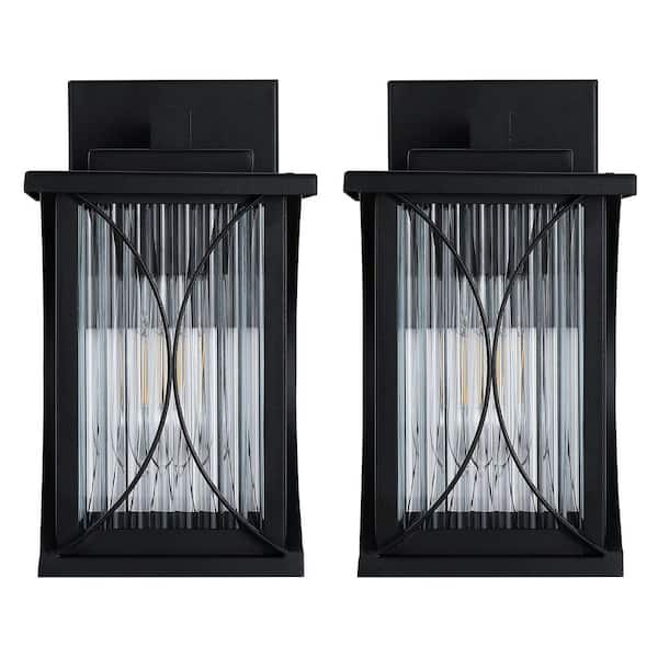 9.5 in. 1-Light Matte Black Hardwired Outdoor Wall Lantern Sconce with Clear Striped Glass Shade (2-Pack)