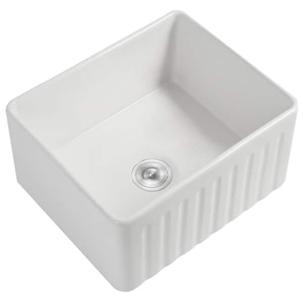 White Fireclay 24 in. Single Bowl Apron-Front Kitchen Sink with Basket Strainer