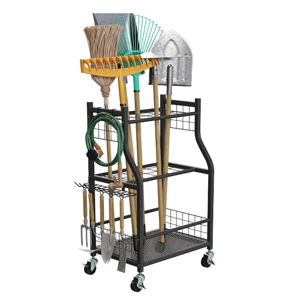 Garage Garden Tool Organizer with Locking Wheels-22. 65x37. 25in Yard Tool Storage Rack with 28 Slots for Long Handles