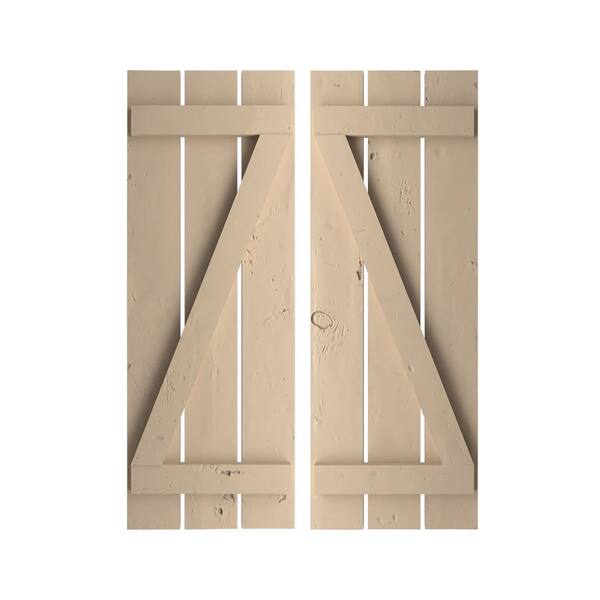 Ekena Millwork 17.5 in. x 32 in. Timberthane Polyurethane 3-Board Spaced Board-n-Batten Knotty Pine Faux Wood Shutters w/Z-Board Pair