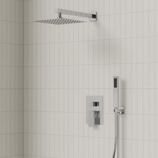 Single-Handle Rain 2-Spray Square 10 in. Dual Shower Head Wall Mount Fixed and Handheld Shower Head 2.5GPM in Chrome