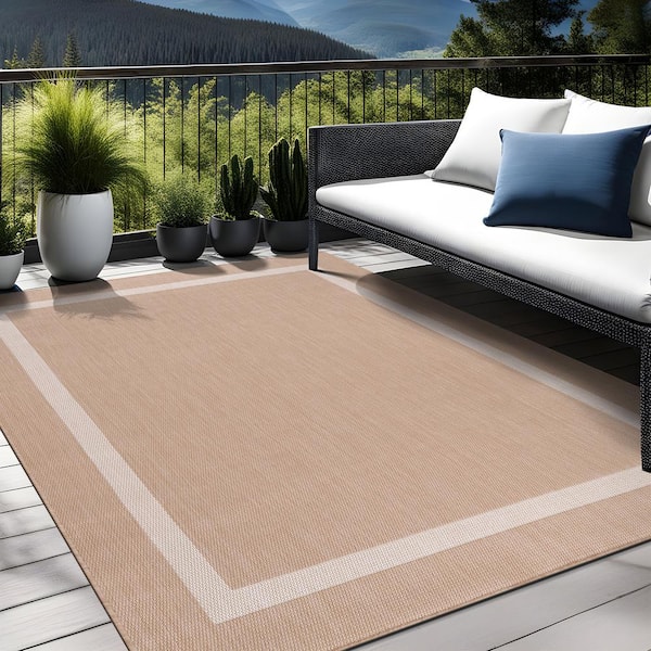 10 X 14 Beige White Beige Modern Bordered Indoor Outdoor Area Rug