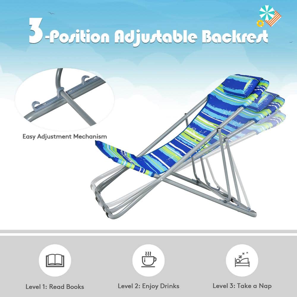 Blue Striped Folding Armless Camping Beach Chairs with Headrest, Set of 2