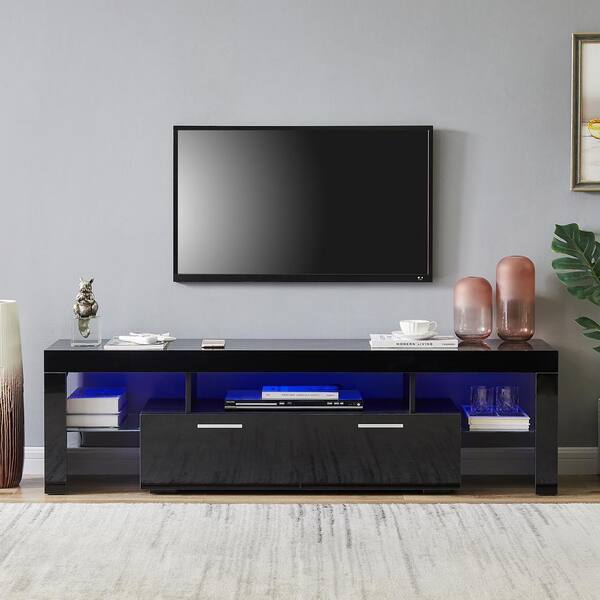 URTR 14 in. Wood Black TV Stand with 2-Storage Drawers, TV Cabinet