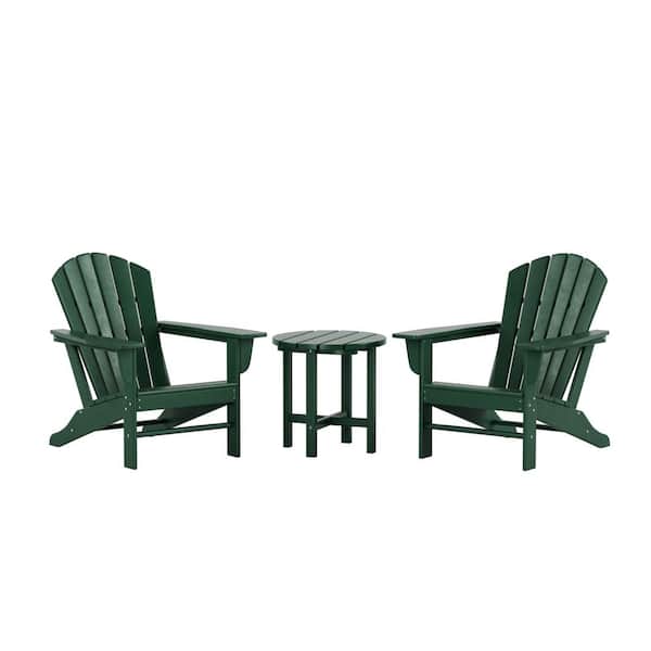 WESTIN OUTDOOR Mason Dark Green 3-Piece Poly Plastic Outdoor Patio Classic Adirondack Fire Pit Chair Set With 2-Chairs and Side Table