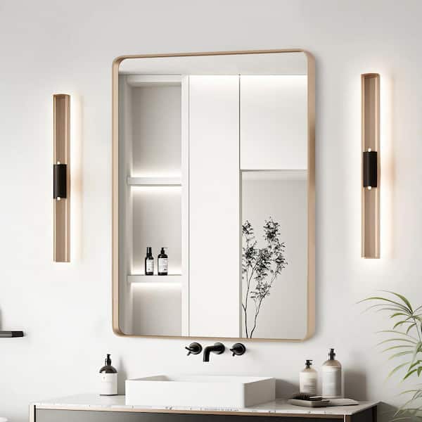 24 in. W x 32 in. H Rectangular Framed Wall Bathroom Vanity Mirror in Gold
