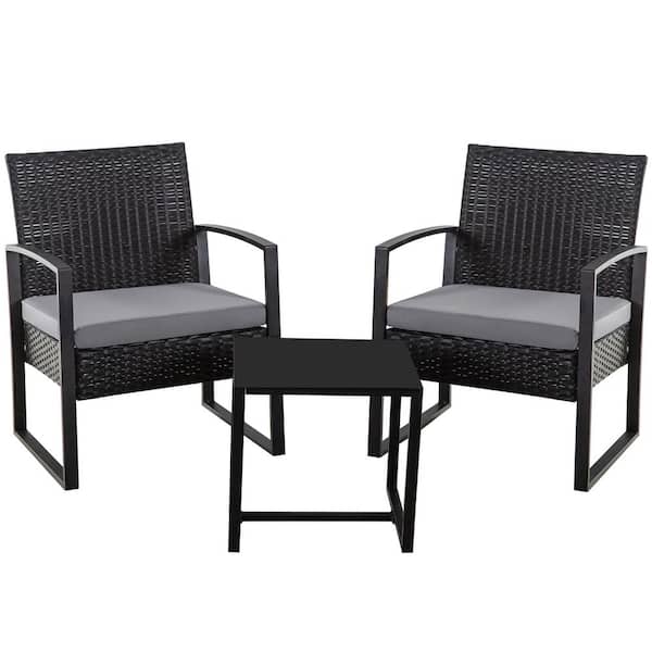 Zeus & Ruta 3-Piece Black Wicker Outdoor Bistro Set with Gray Cushions and Side Table for Porch Backyard