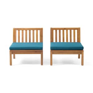Caswell Teak Brown Removable Cushions Wood Outdoor Lounge Chairs with Dark Teal Cushions (2-Pack)