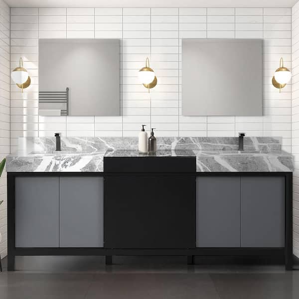 Lexora Zilara 84 in x 22 in D Black and Grey Double Bath Vanity, Castle Grey Marble Top and Gun Metal Faucet Set