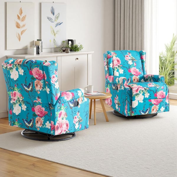 Peacock Blue Linen Swivel Upholstered Metal Base Manual Recliner with Adjustable Footrest (Set of 2)