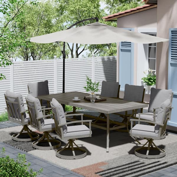 ChillPavilion Urban Oasis Gray 9-Piece Aluminum Outdoor Dining Set with 8-Swivel Chairs and Cushions