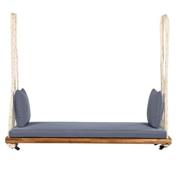 2-Person Natural Brown Acacia Wood Porch Swing with Gray Cushion and Pillows, 10.8 ft. Hemp Ropes