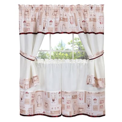 Cappuccino Burgundy Polyester Light Filtering Rod Pocket Embellished Cottage Curtain Set 58 in. W x 36 in. L