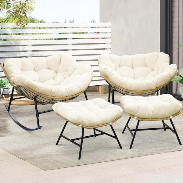 Unbranded Oversized PE Wicker Outdoor Rocking Chair Patio Papasan Chair Rocker with Beige Cushion and Ottoman (4-Piece)