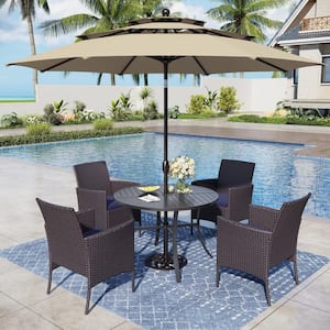 Black 6-Piece Metal Patio Outdoor Dining Sets with Round Table, Beige Umbrella and Rattan Chairs with Blue Cushion