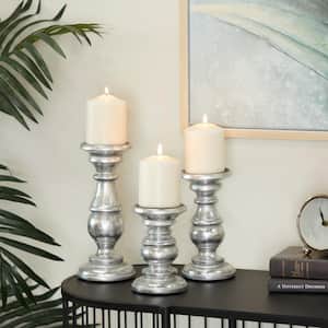 Silver Mango Wood Turned Style Pillar Candle Holder (Set of 3)