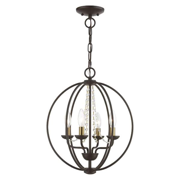 Livex Lighting Arabella 4-Light Bronze Convertible Chandelier with Antique Brass Candles and Clear Crystals