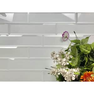 Frosted Elegance Glossy White Beveled Subway 3 in. x 12 in. Glass Wall Tile Sample