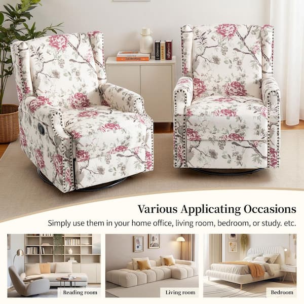Uixe Beige And Pink Floral Pattern Linen Swivel Upholstered
