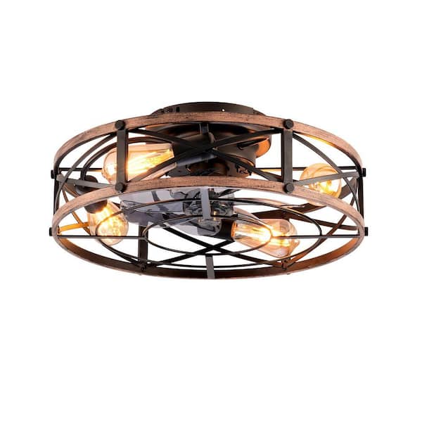 20 in. Indoor Retro Vintage Flush Mount Black Ceiling Fan Light with Cage Lampshade and Remote Control