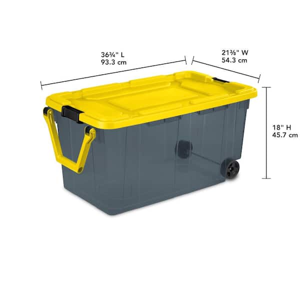 HDX 160 Qt. Latching Storage Box with Wheels in Gray Tint with Yellow Lid  14681H02 - The Home Depot