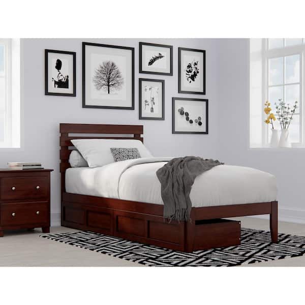 AFI Oxford Walnut Twin Extra Long Solid Wood Storage Platform Bed with USB Turbo Charger and 2 Extra Long Drawers