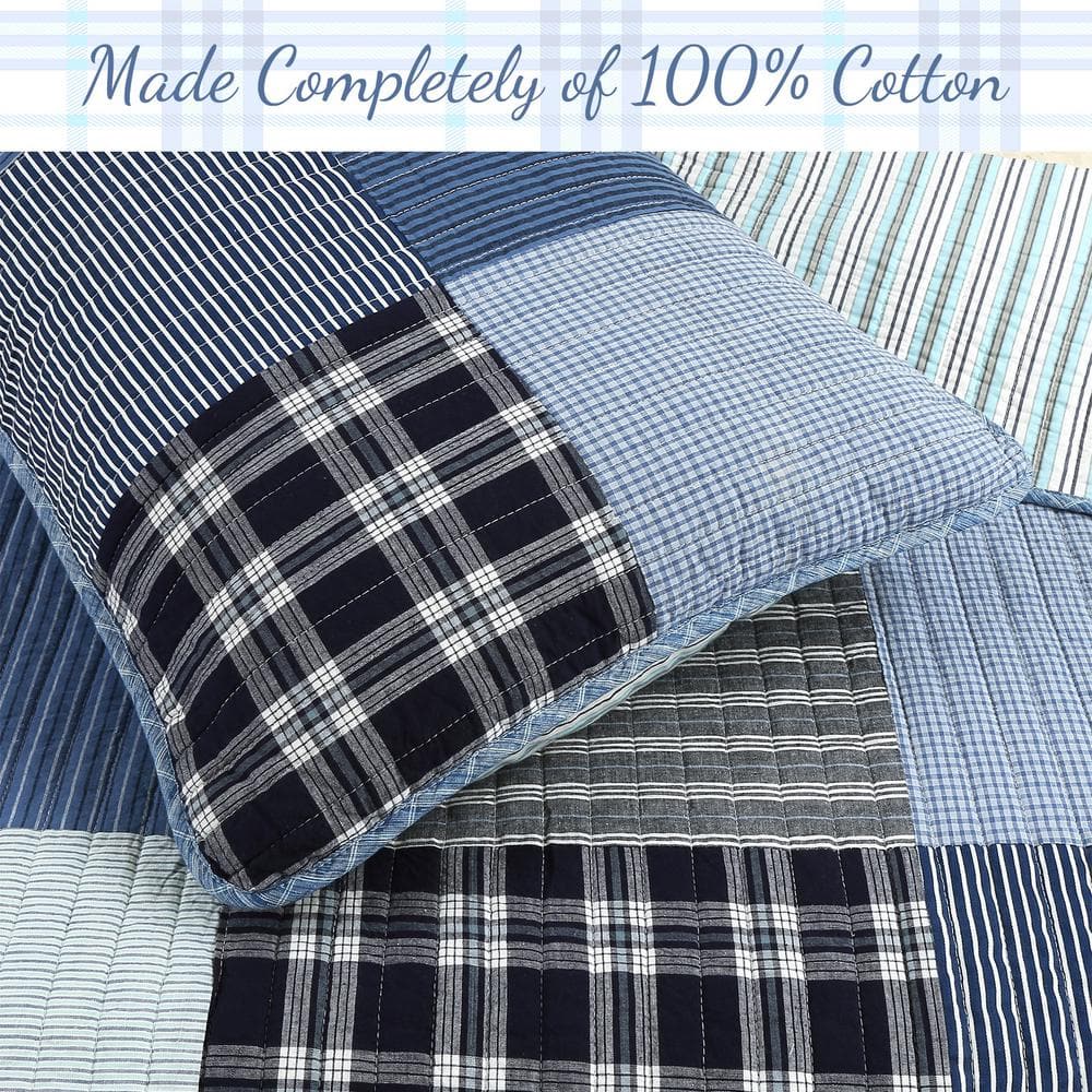 Twin Blue Cotton Reversible Patchwork Quilt Bedding Set