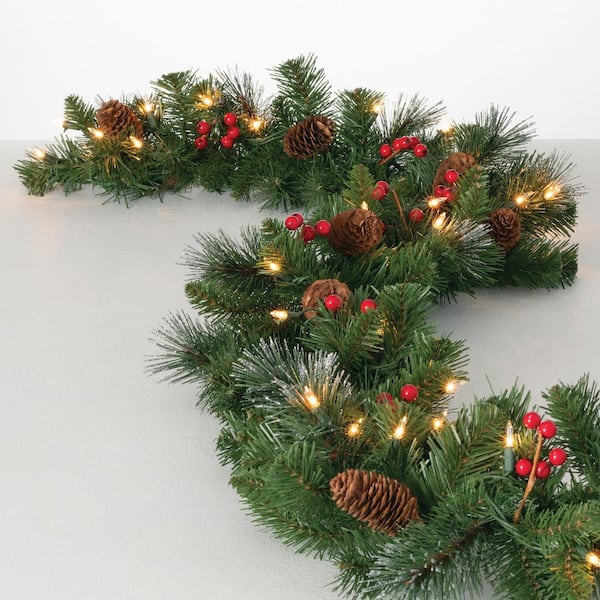 SULLIVANS Artificial 9 ft. LED Mixed Pine Christmas Garland with Pinecones and Berries, Green