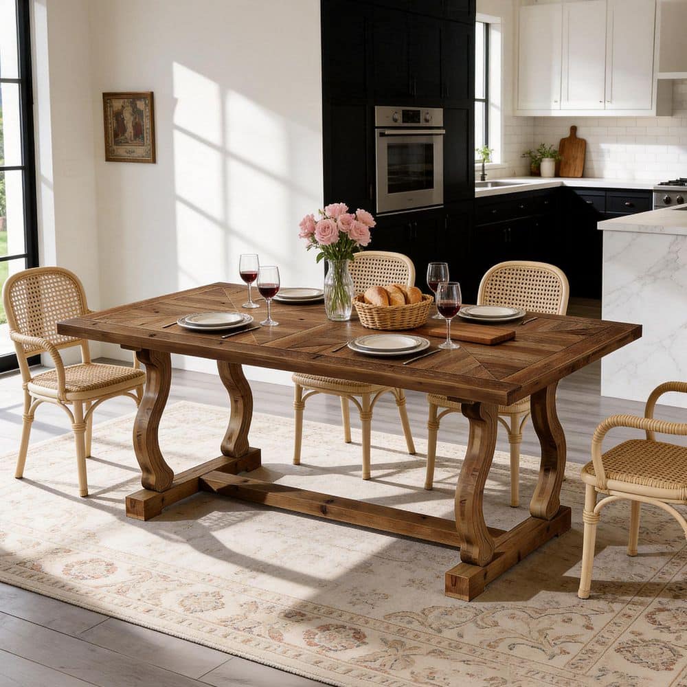 Halseey Brown 62.99 in Solid Wood Rectangular Pedestal Dinner Kitchen Dining Table Seats 6 Open Back S-Scroll Legs