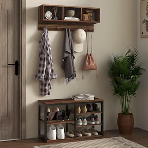 2-in-1 Coat Rack Shoe Bench Set, 5-Hook Hall Tree with Bench and Shoe Storage for 10-Pairs of Shoes for Entryway