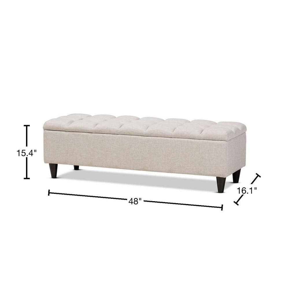 Beige Tufted Fabric Storage Bench with Dark Wood Legs