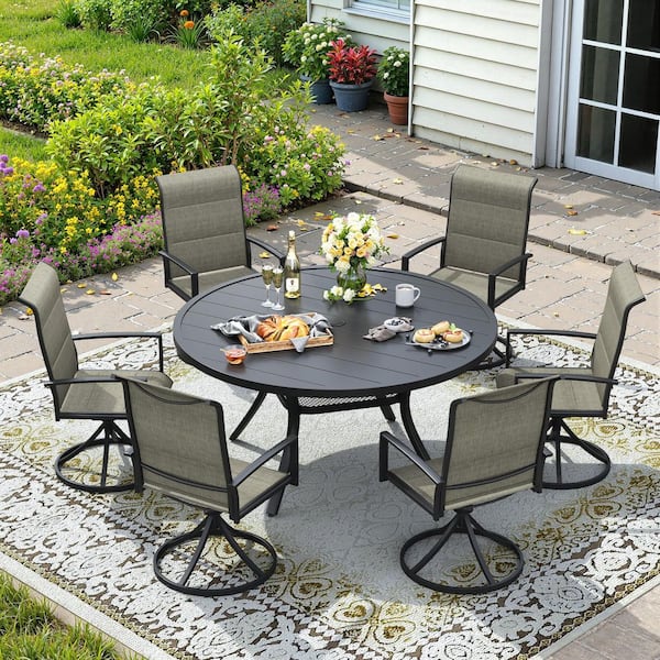 7-Piece Metal Outdoor Dining Set with 47.2 in. Black Round Table and 6 Brown Swivel Dining Chairs for 6 Person