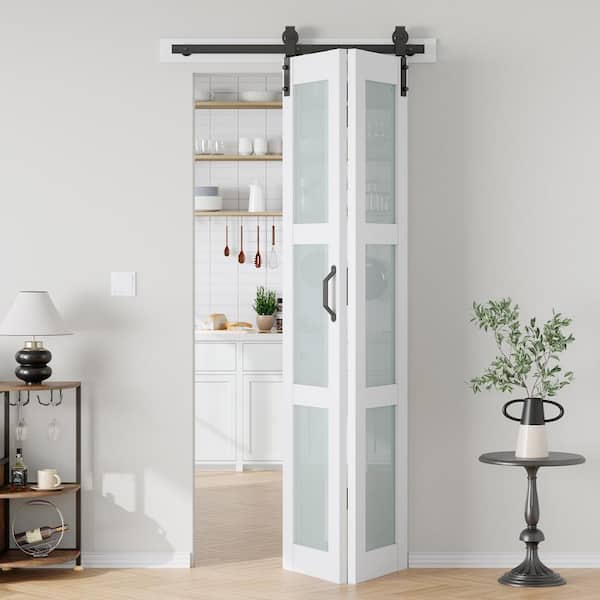 36 in. x 84 in. 3/4 Lite Frosted Glass Solid Core MDF White PVC Bi-fold Door with Hardware