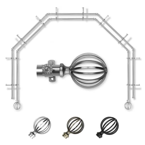 EMOH 13/16" Dia Adjustable 5-Sided Double Bay Window Curtain Rod 28 to 48" (each side) with Leoni Finials in Satin Nickel